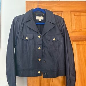 Michael Kors Navy Blue Faux Leather Jacket with Gold Buttons